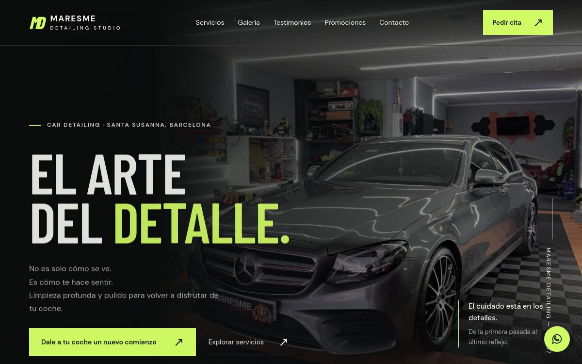 Vista de la demo de Maresme Detailing, con un automóvil y el titular El arte del detalle