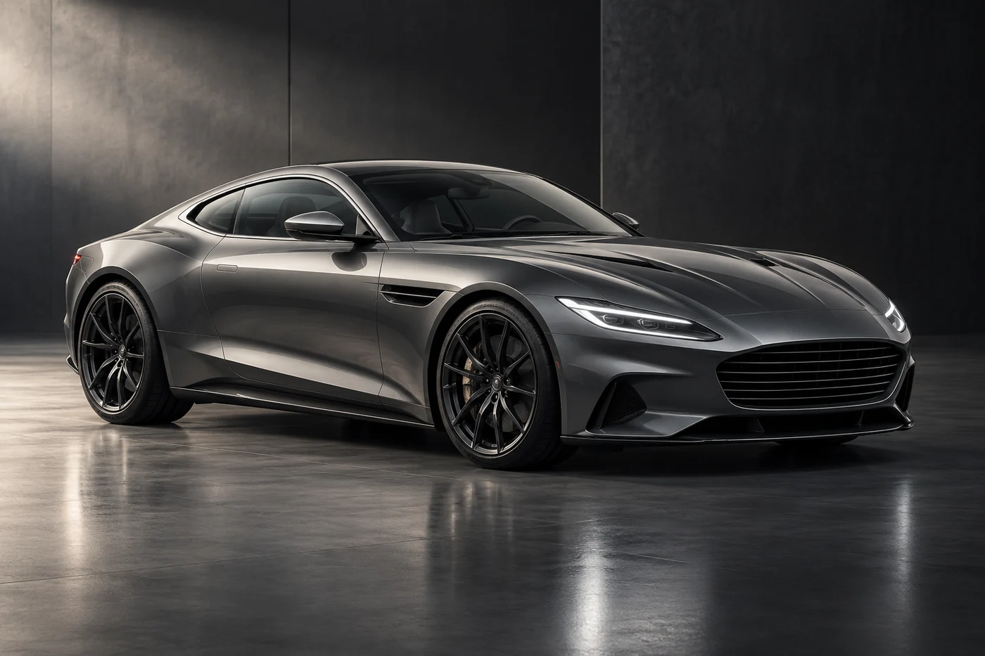 Imagen ilustrativa de un coche gran turismo gris grafito en un estudio oscuro